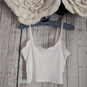TopShop White Ribbed Crop Top Cami With Ruffle Trim